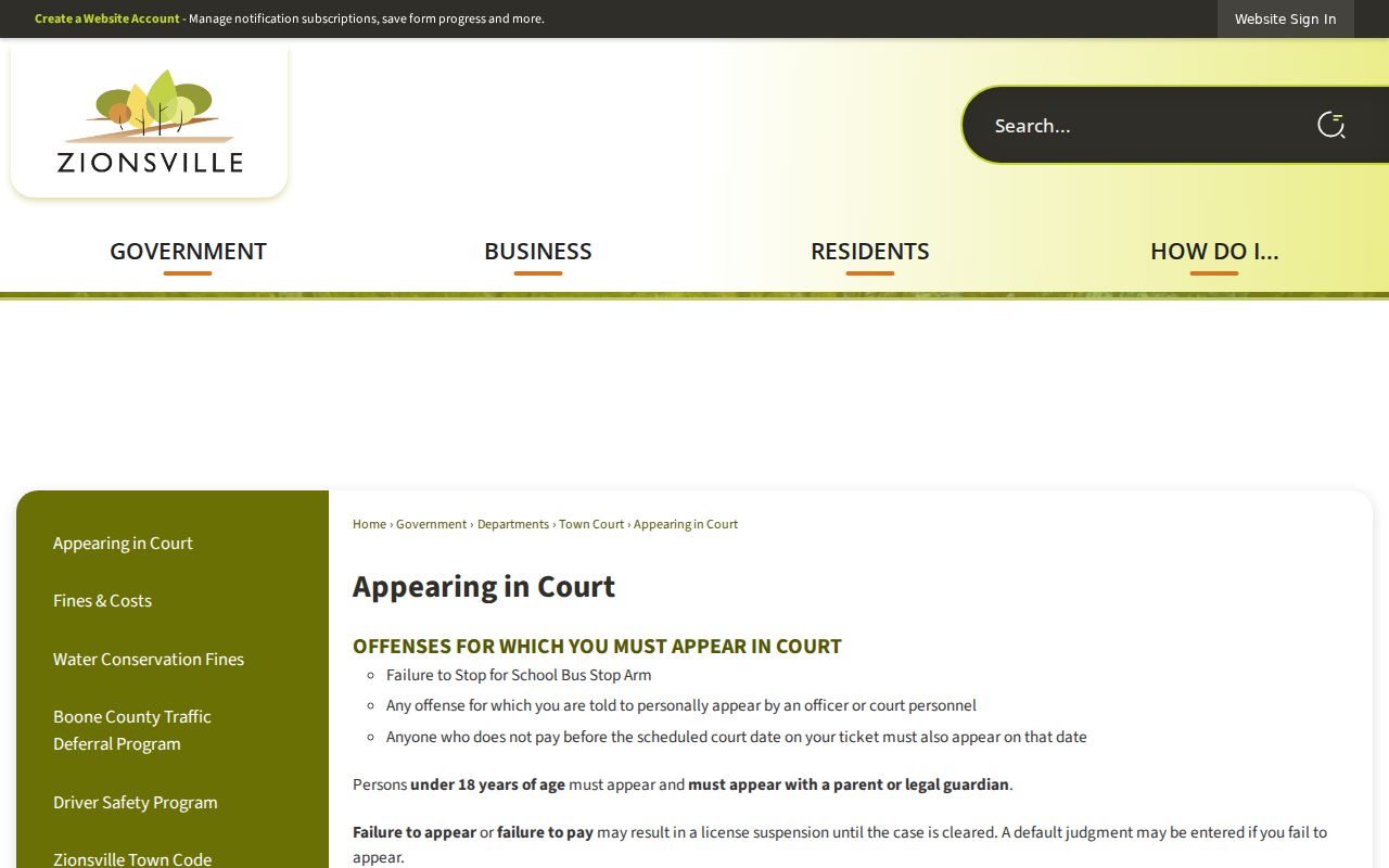 Zionsville warrant payment and required appearance instructions