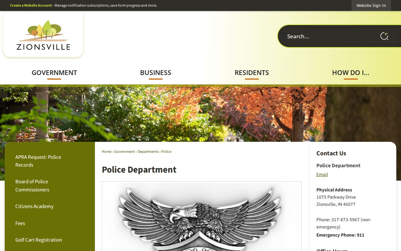 Zionsville warrant records police contact page