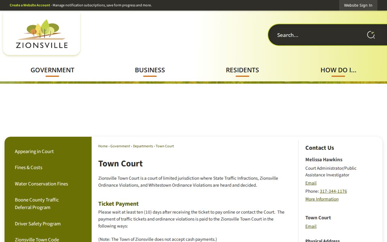 Zionsville warrant records Town Court page